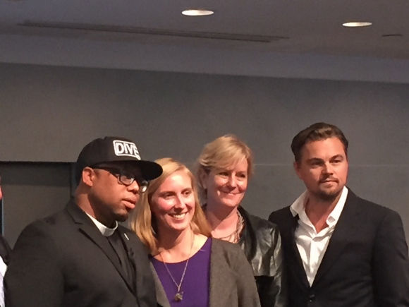 Photo of Divest Invest Press Event: from left to right, Rev. Lennox Yearwood, May Boeve, Ellen Dorsey & Leonardo DiCaprio